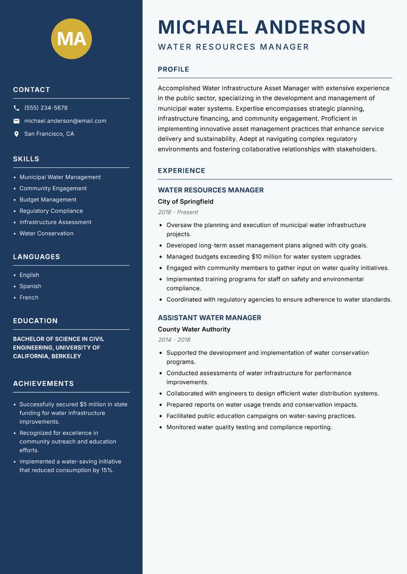 Water Infrastructure Asset Manager resume template — Classic Clean