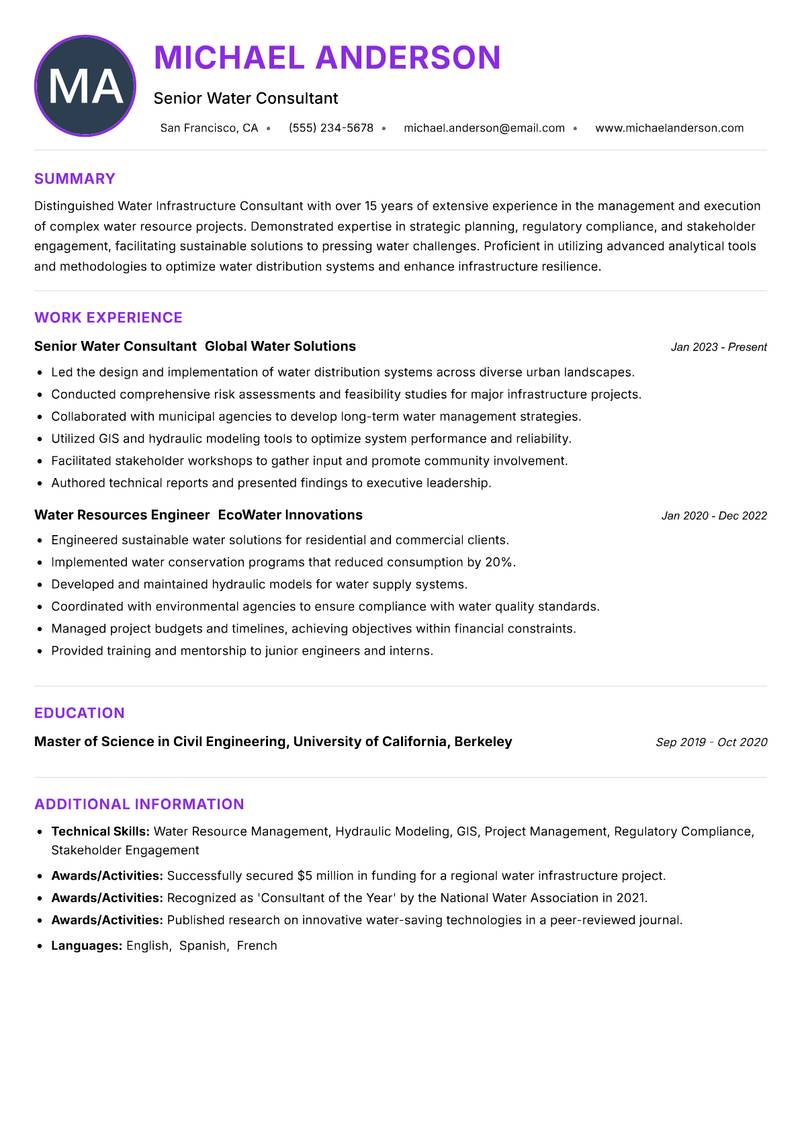 Water Infrastructure Consultant resume example — ATS-friendly template