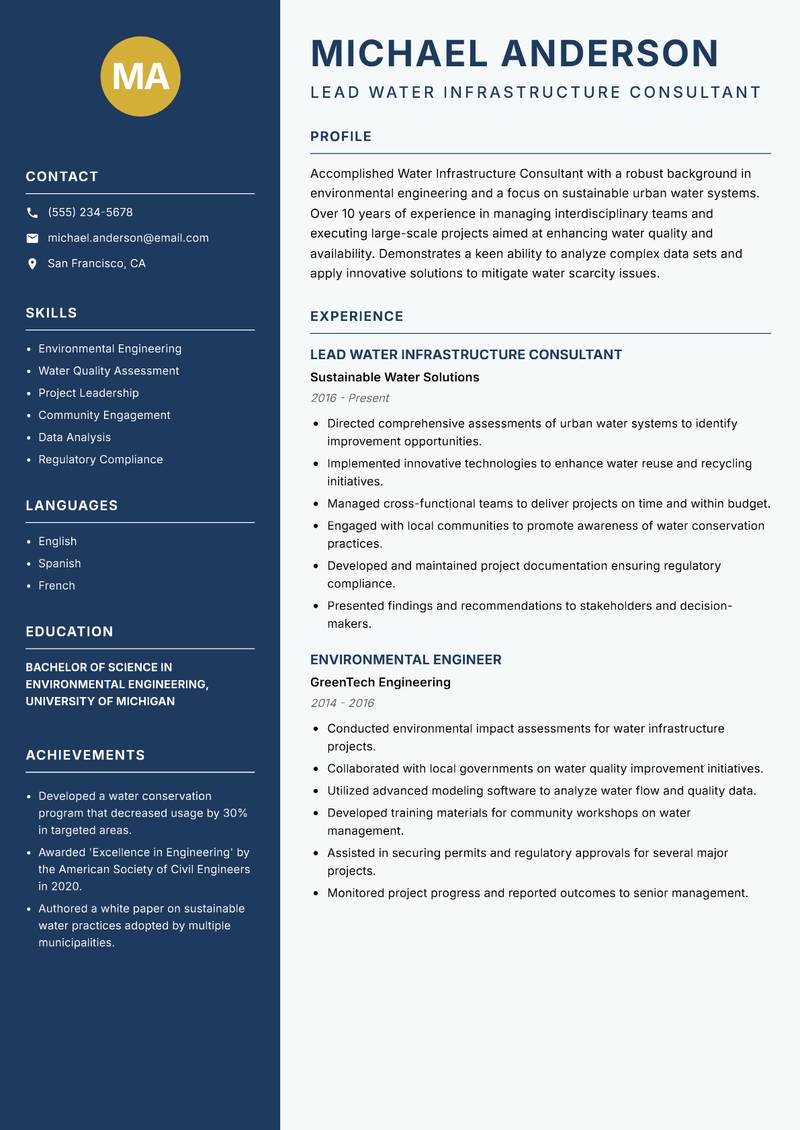 Water Infrastructure Consultant resume template — Classic Clean