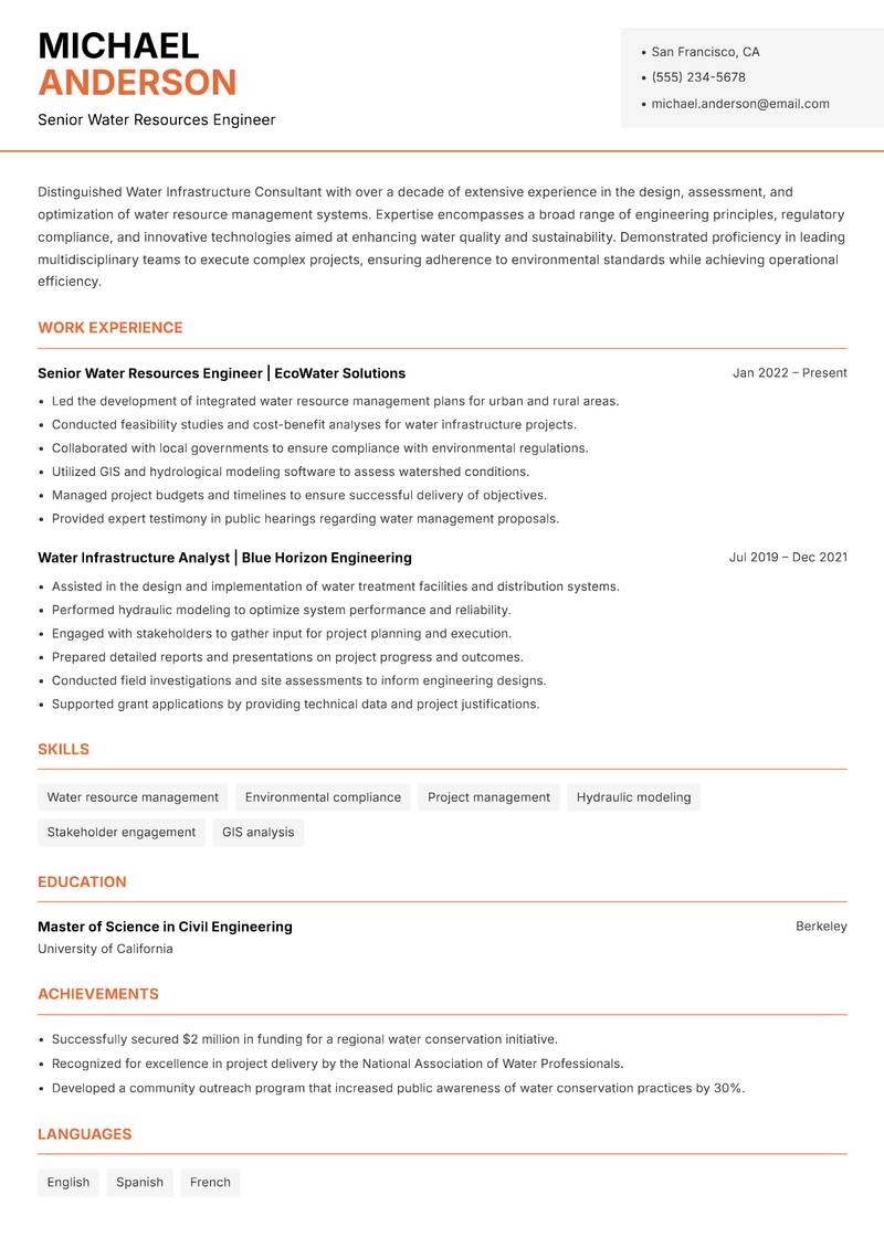 Water Infrastructure Consultant resume template — Modern Professional