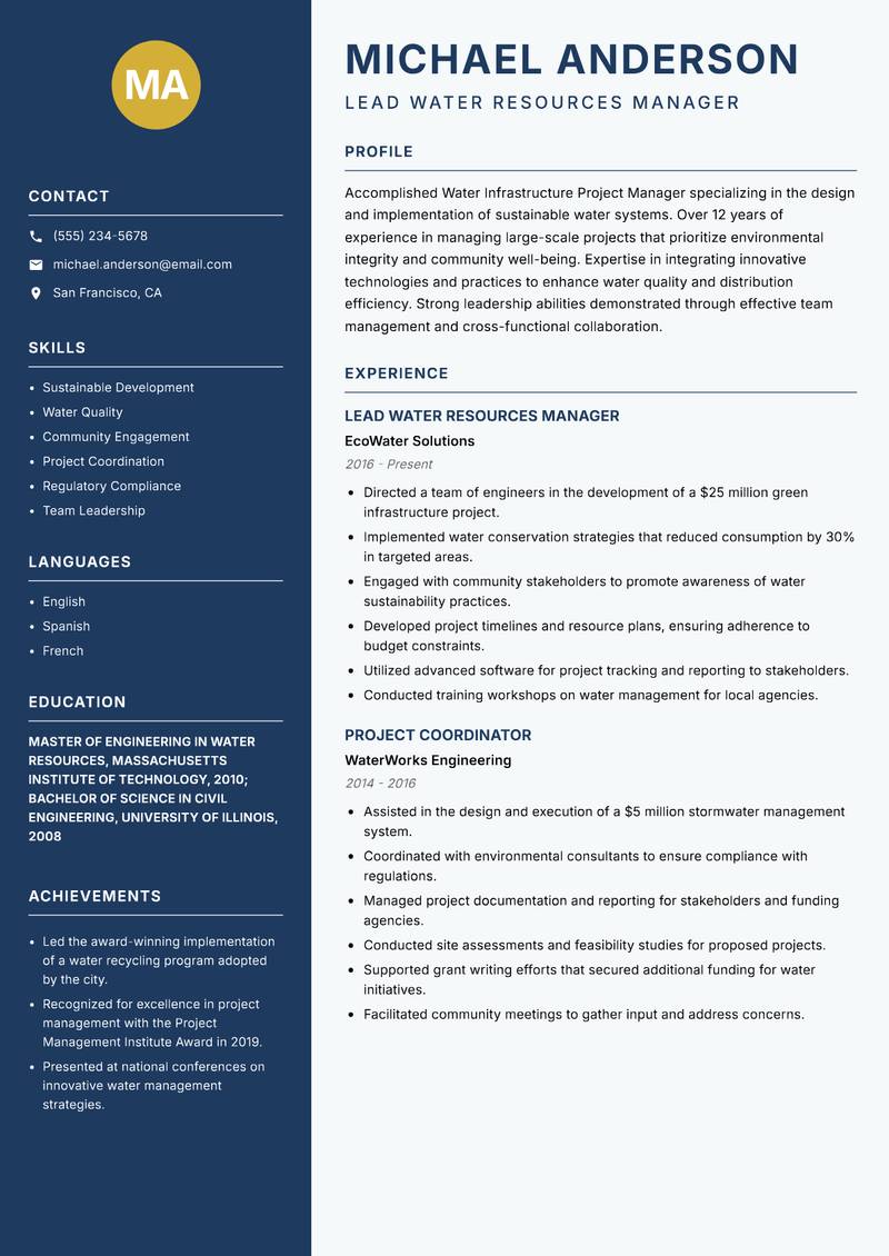Water Infrastructure Project Manager resume template — Classic Clean