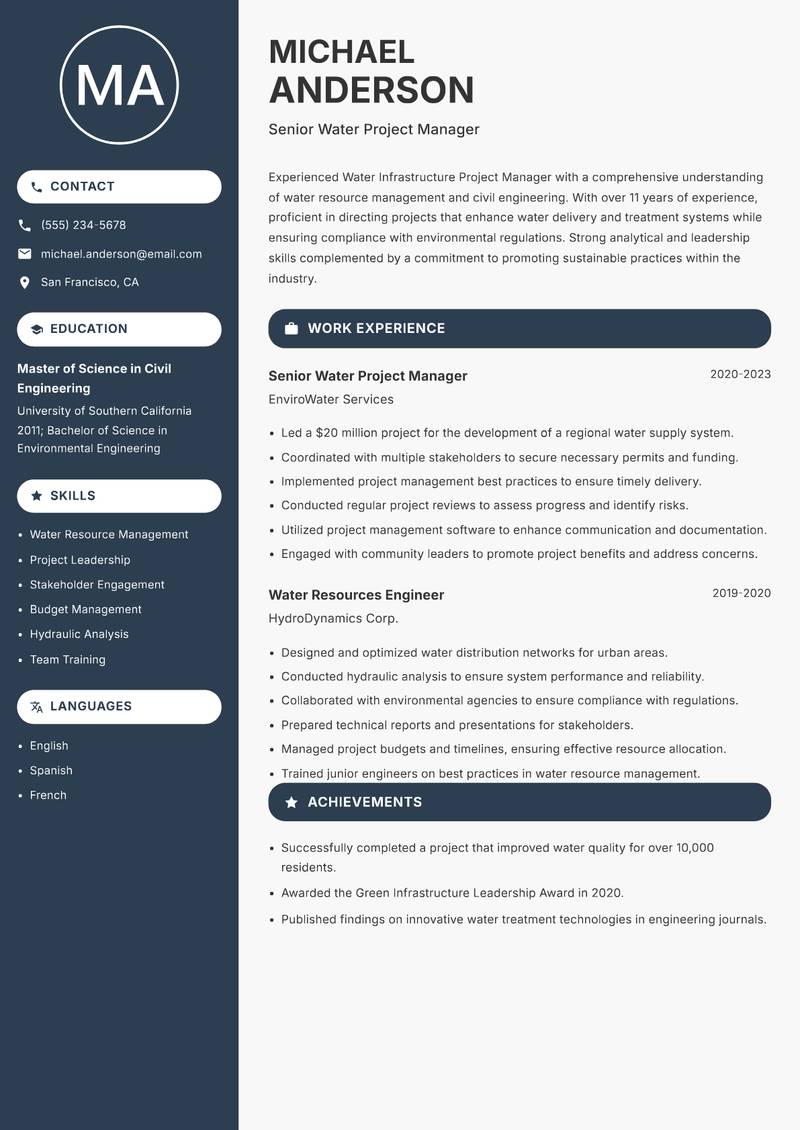 Water Infrastructure Project Manager resume template — Compact
