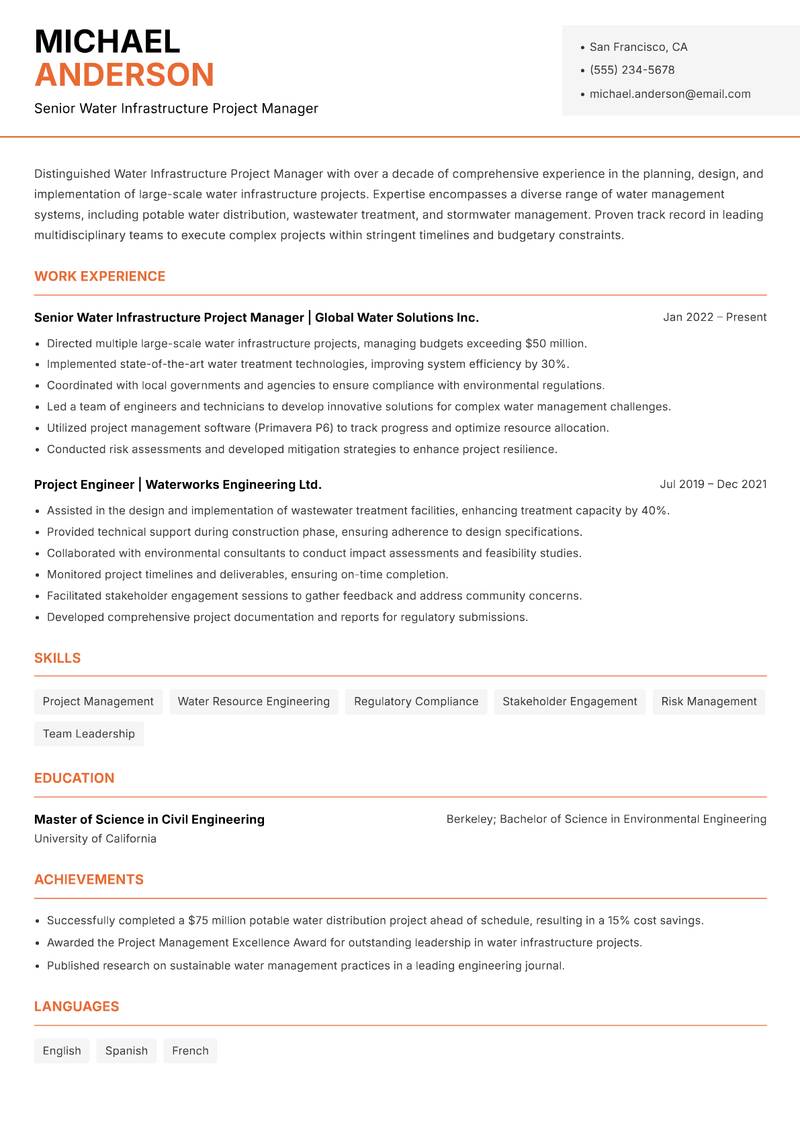 Water Infrastructure Project Manager resume template — Modern Professional