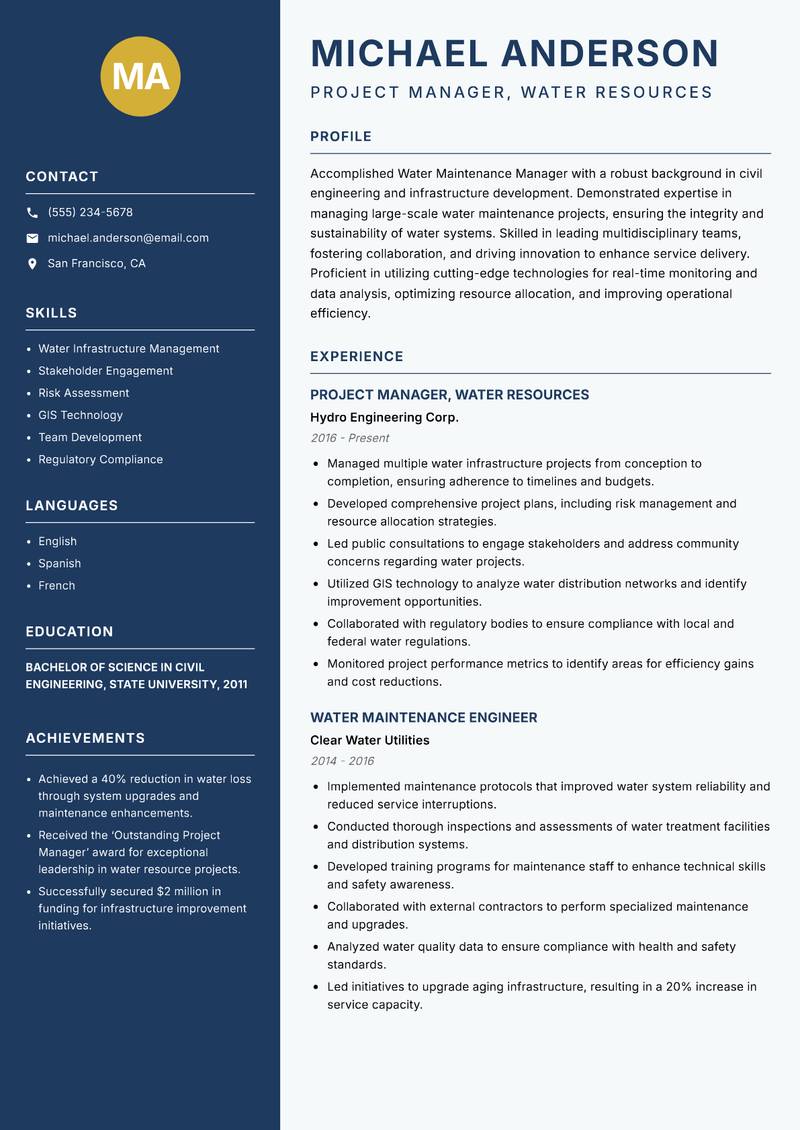 Water Maintenance Manager resume template — Classic Clean