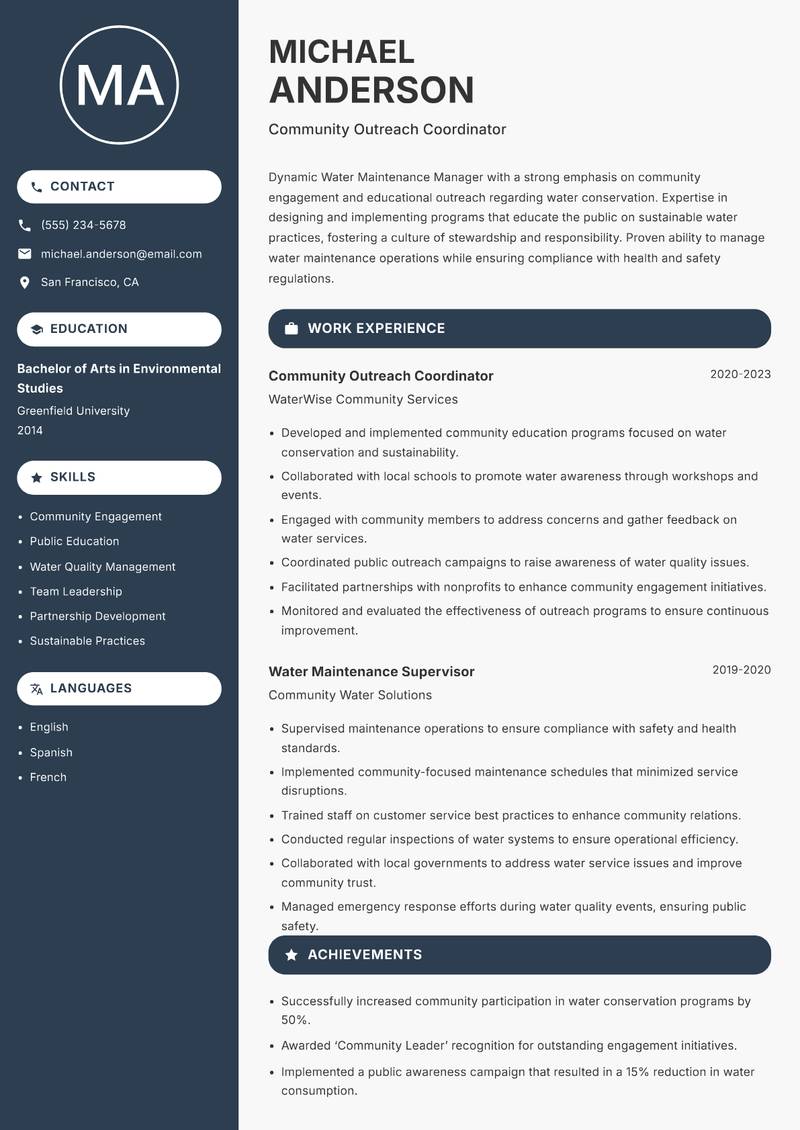 Water Maintenance Manager resume template — Compact