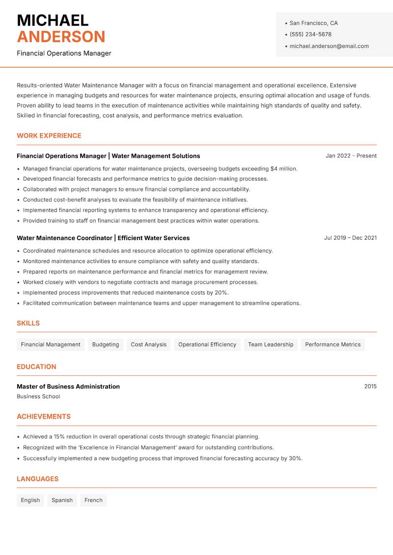 Water Maintenance Manager resume template — Modern Professional