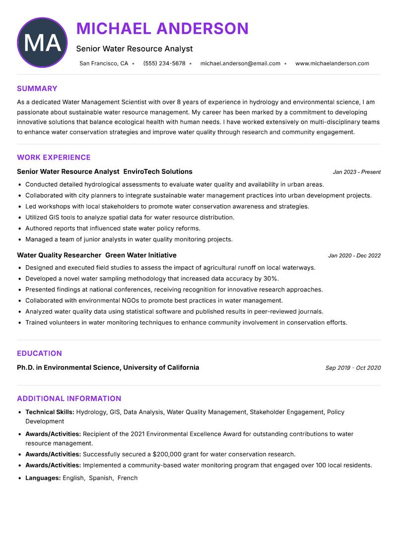 Water Management Scientist resume example — ATS-friendly template