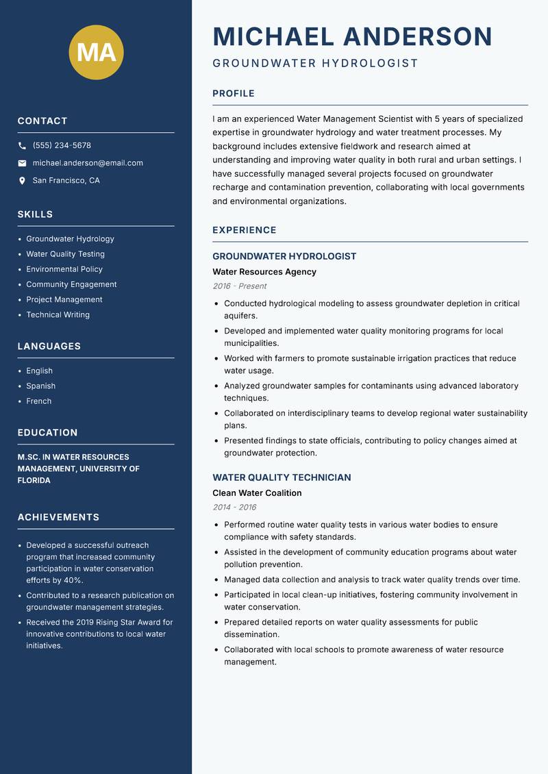 Water Management Scientist resume template — Classic Clean
