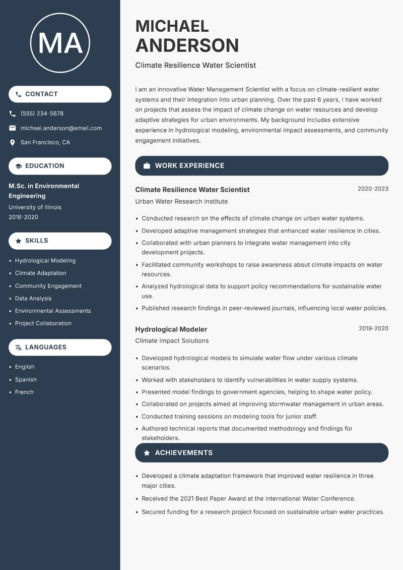 Water Management Scientist resume template — Compact