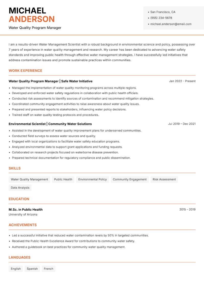 Water Management Scientist resume template — Modern Professional