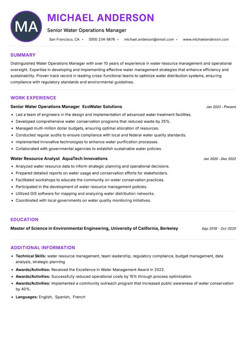 Water Operations Manager resume example — ATS-friendly template