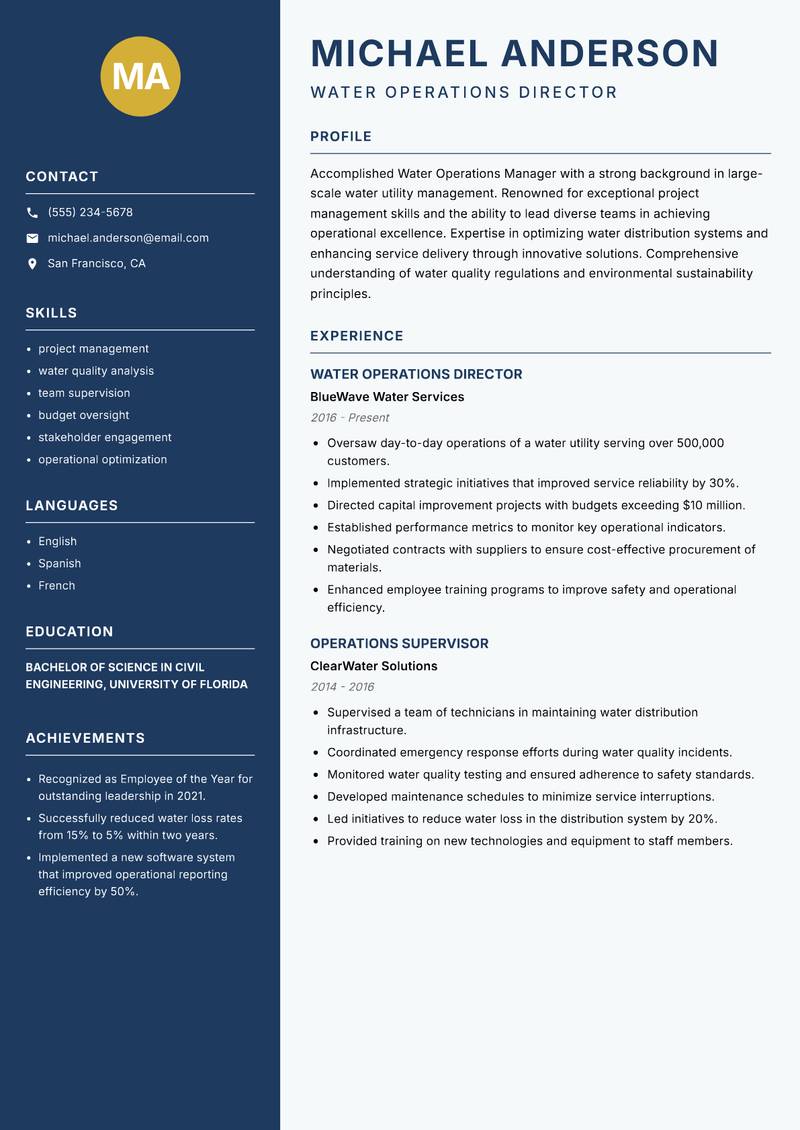 Water Operations Manager resume template — Classic Clean