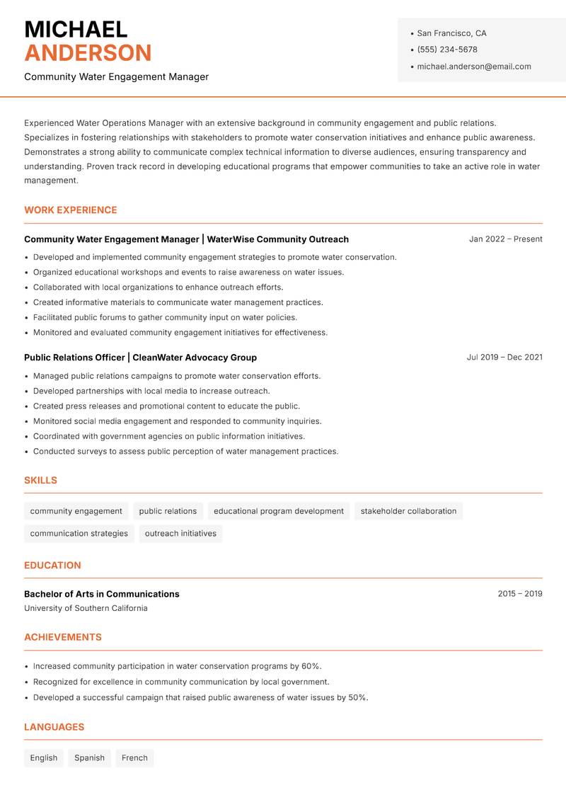 Water Operations Manager resume template — Modern Professional