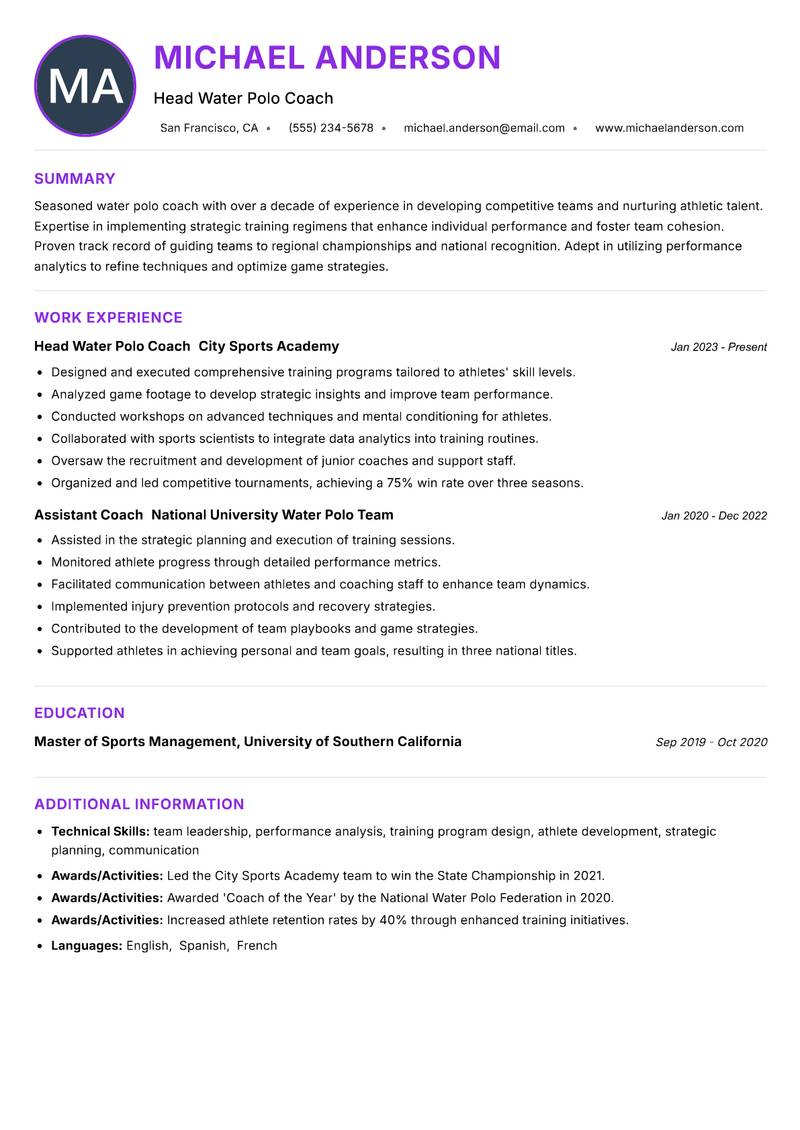 Water Polo Coach resume example — ATS-friendly template