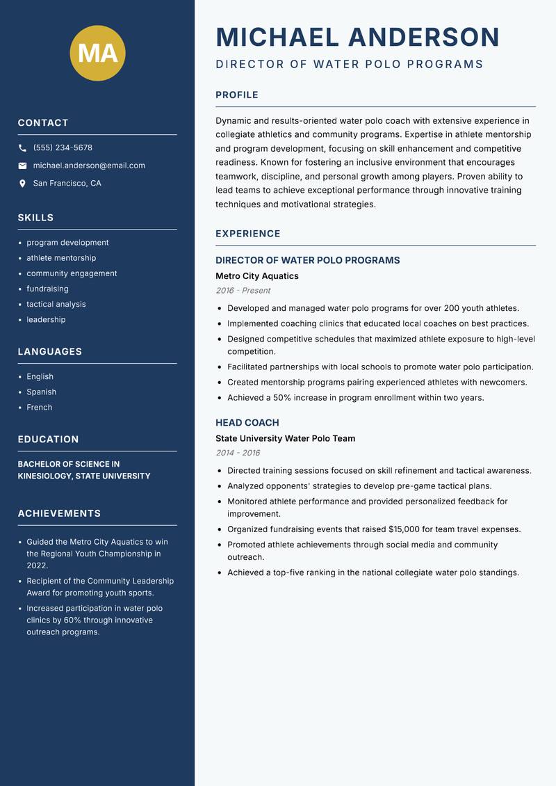 Water Polo Coach resume template — Classic Clean