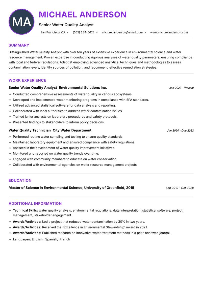 Water Quality Analyst resume example — ATS-friendly template