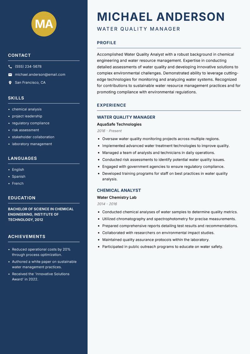 Water Quality Analyst resume template — Classic Clean
