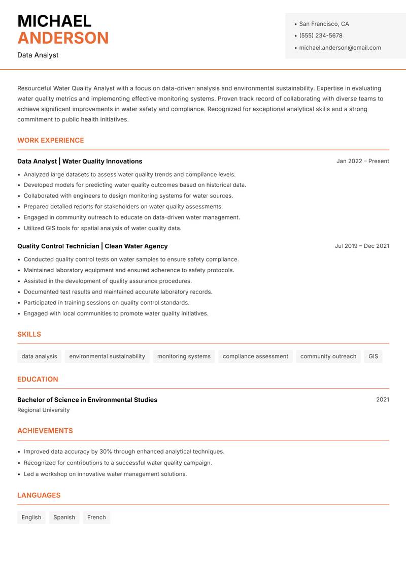 Water Quality Analyst resume template — Modern Professional