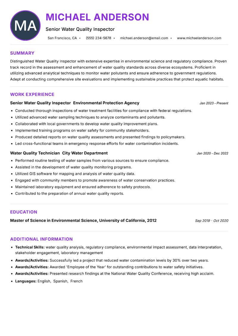 Water Quality Inspector resume example — ATS-friendly template