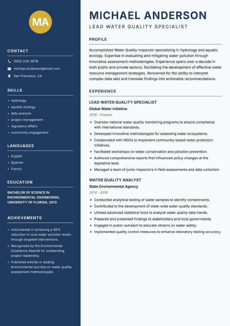 Water Quality Inspector resume template — Classic Clean