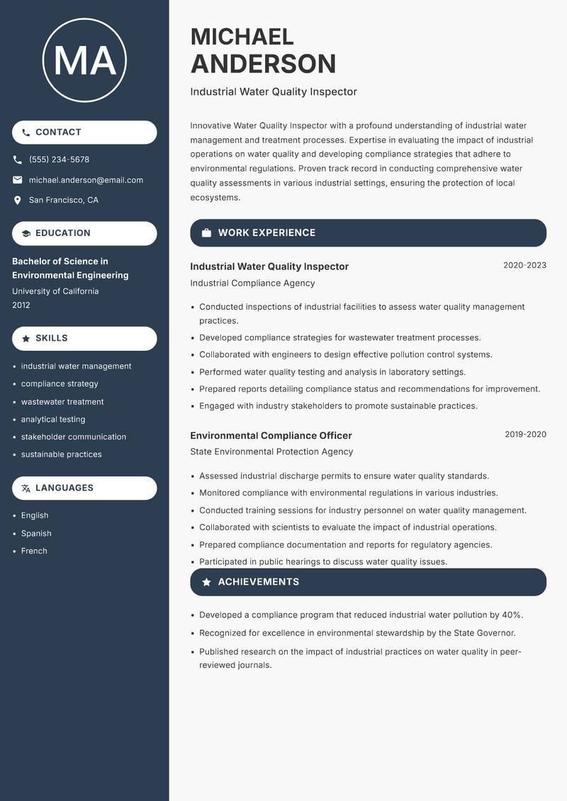 Water Quality Inspector resume template — Compact