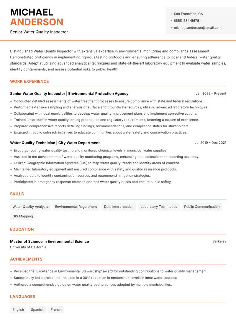 Water Quality Inspector resume template — Modern Professional