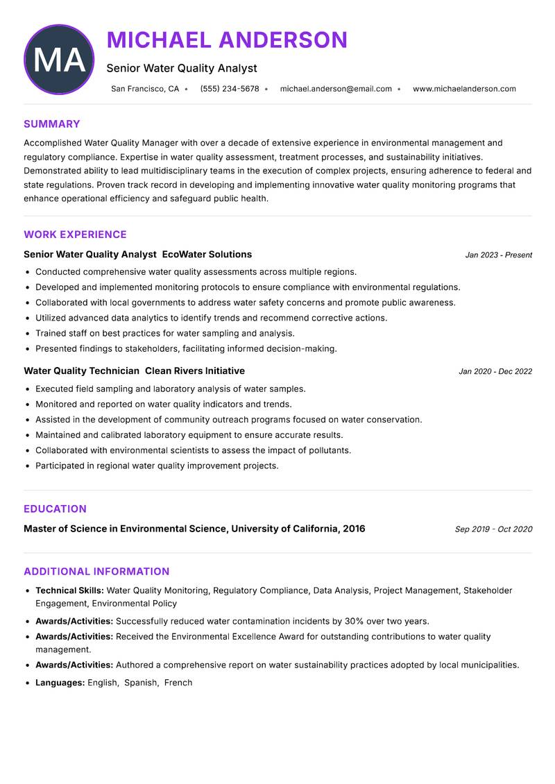 Water Quality Manager resume example — ATS-friendly template