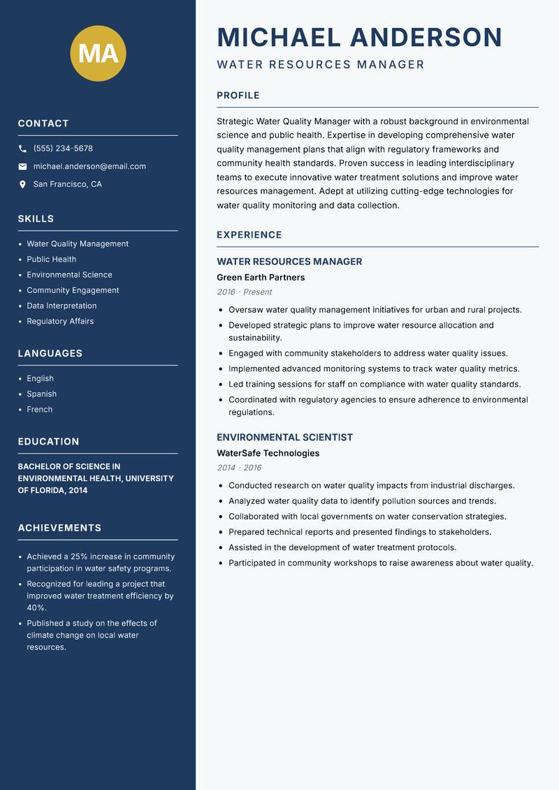 Water Quality Manager resume template — Classic Clean