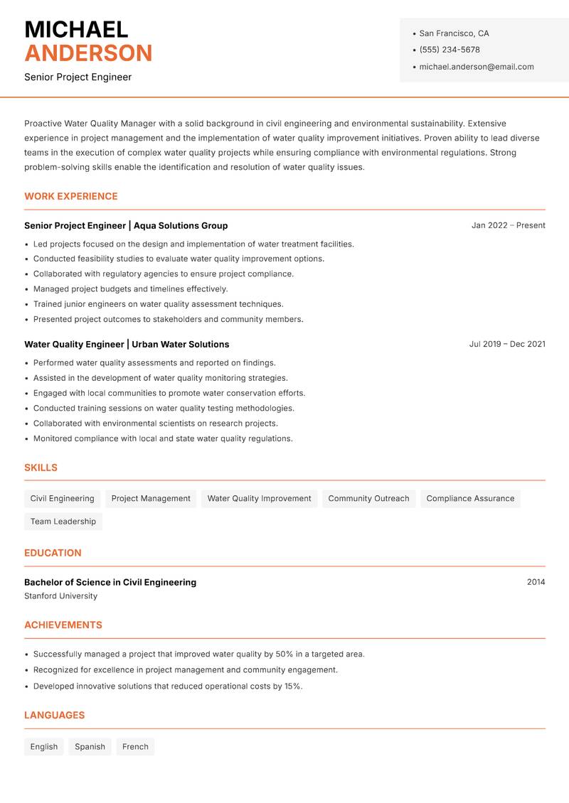 Water Quality Manager resume template — Modern Professional