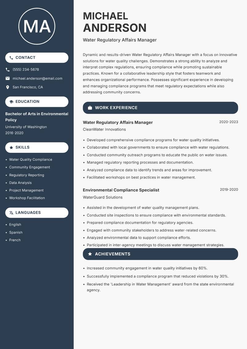 Water Regulatory Affairs Manager resume template — Compact