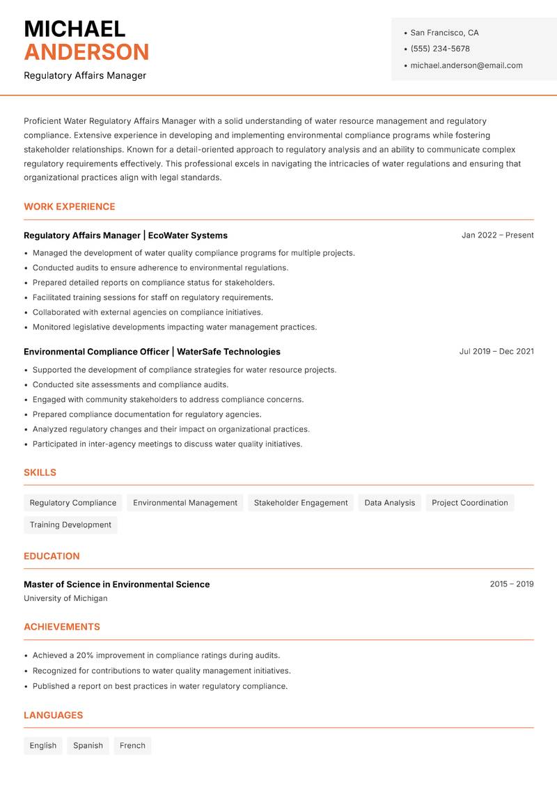 Water Regulatory Affairs Manager resume template — Modern Professional