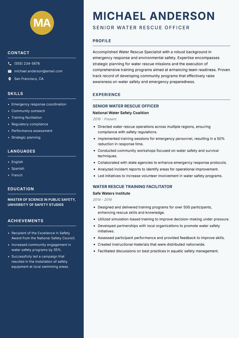Water Rescue Specialist resume template — Classic Clean