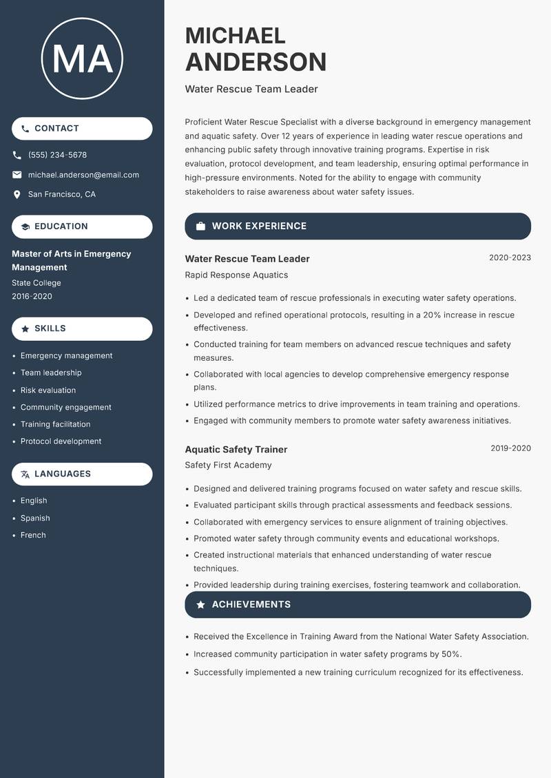 Water Rescue Specialist resume template — Compact