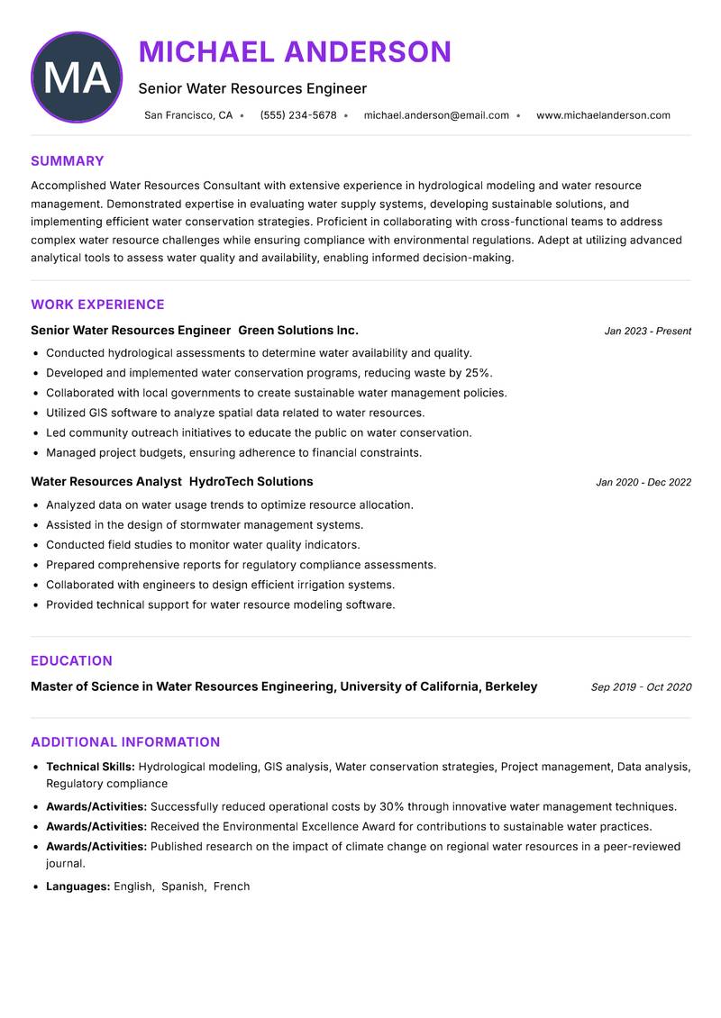 Water Resources Consultant resume example — ATS-friendly template