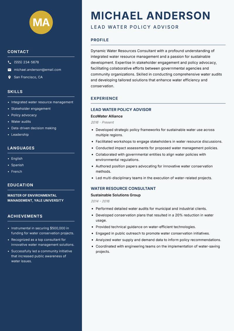 Water Resources Consultant resume template — Classic Clean