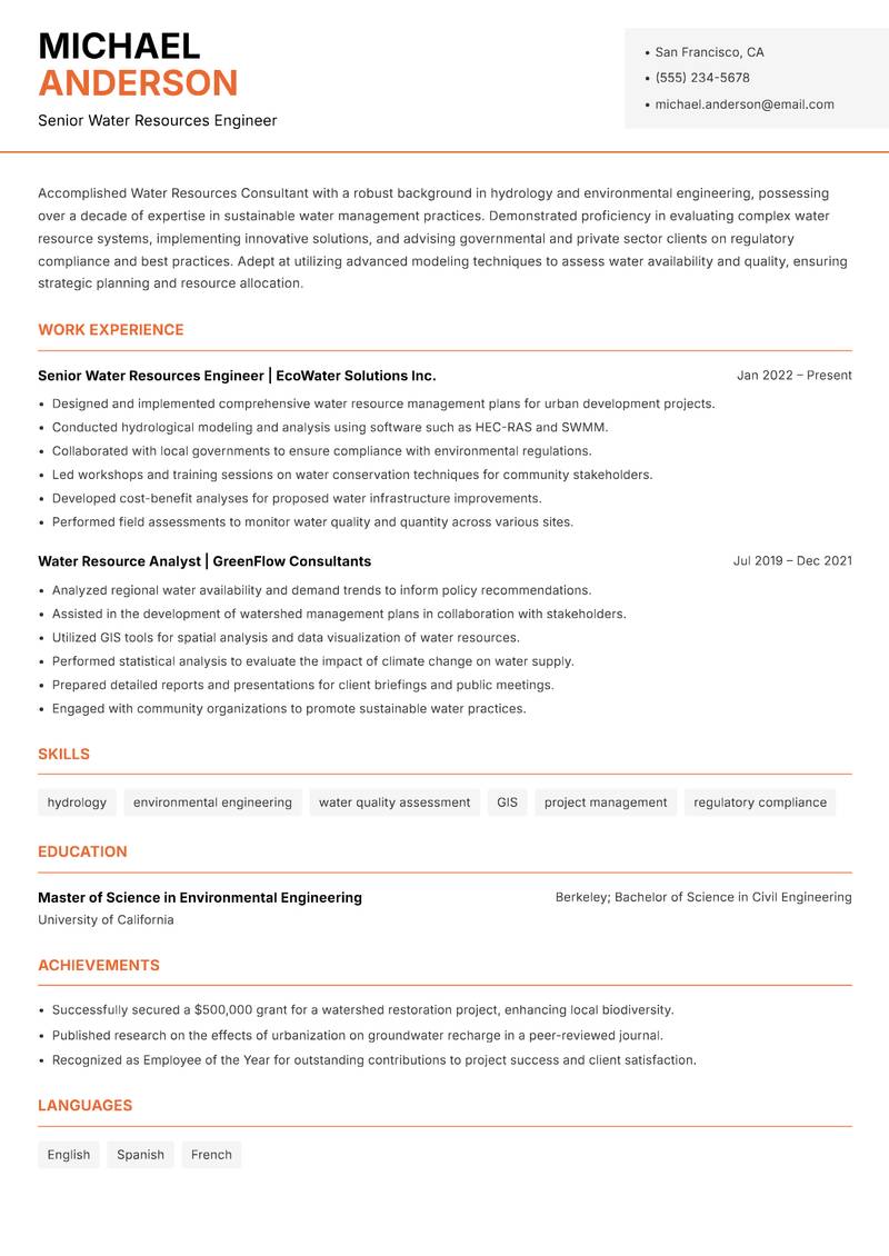 Water Resources Consultant resume template — Modern Professional