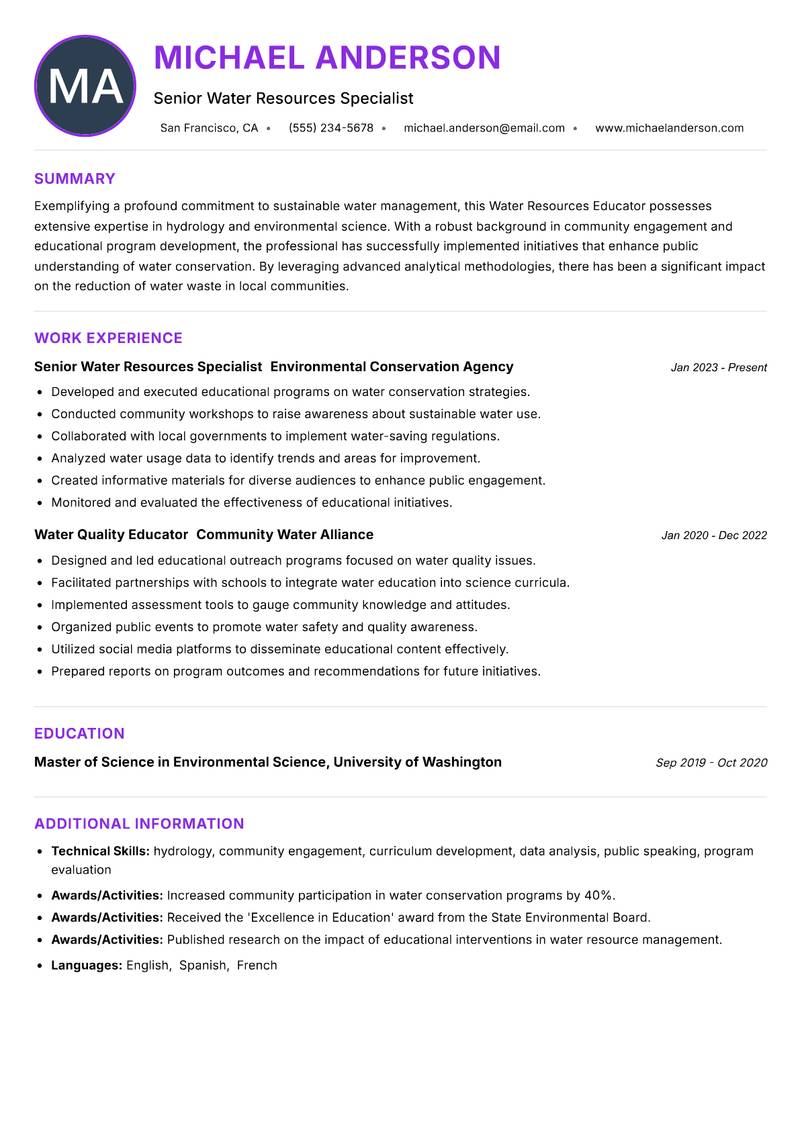 Water Resources Educator resume example — ATS-friendly template