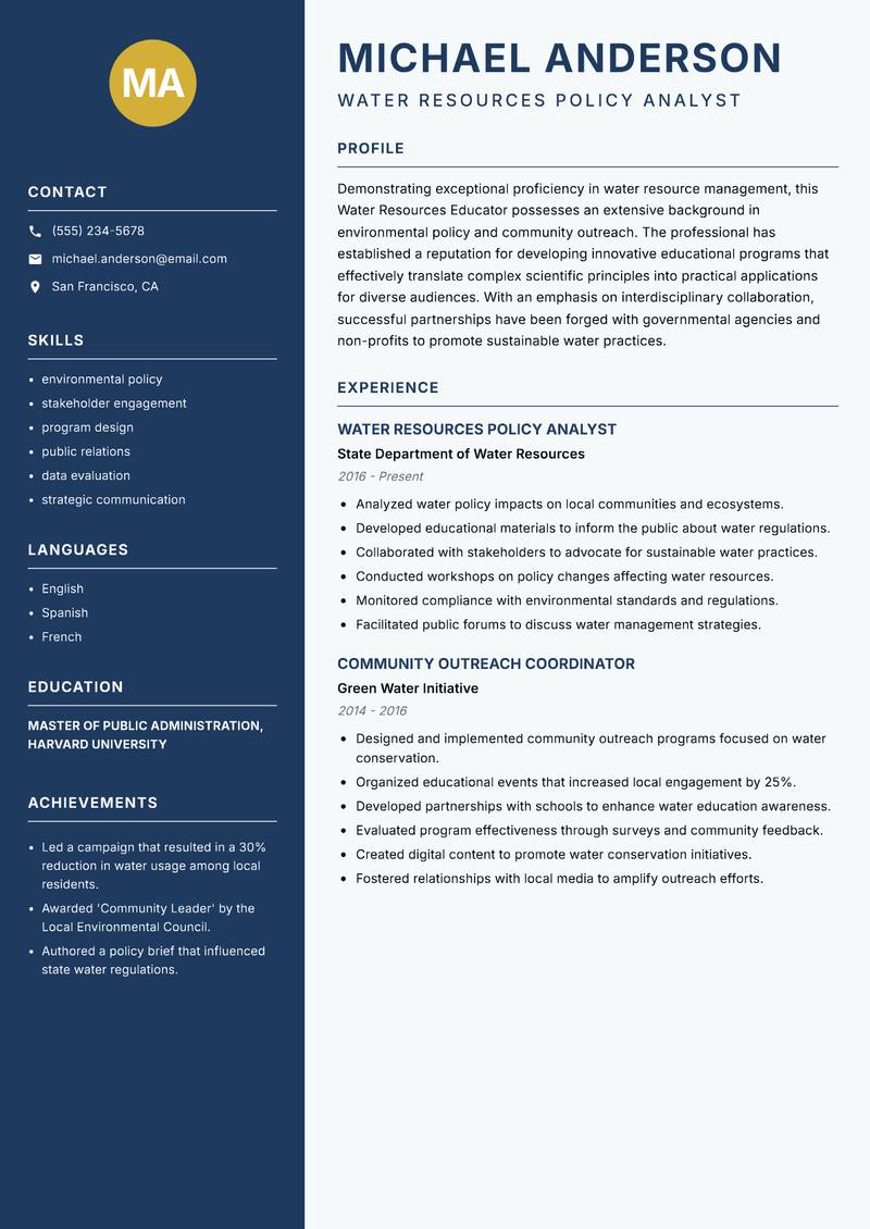 Water Resources Educator resume template — Classic Clean