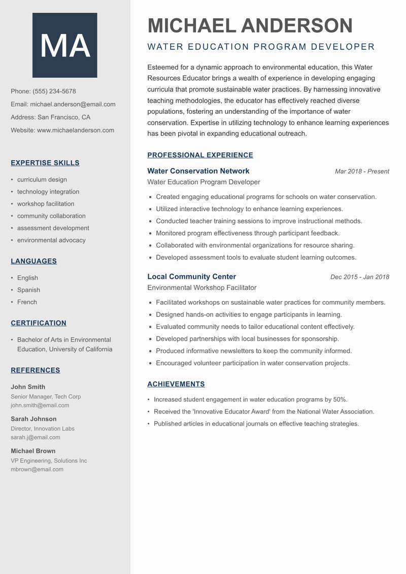 Water Resources Educator resume template — Creative Minimal