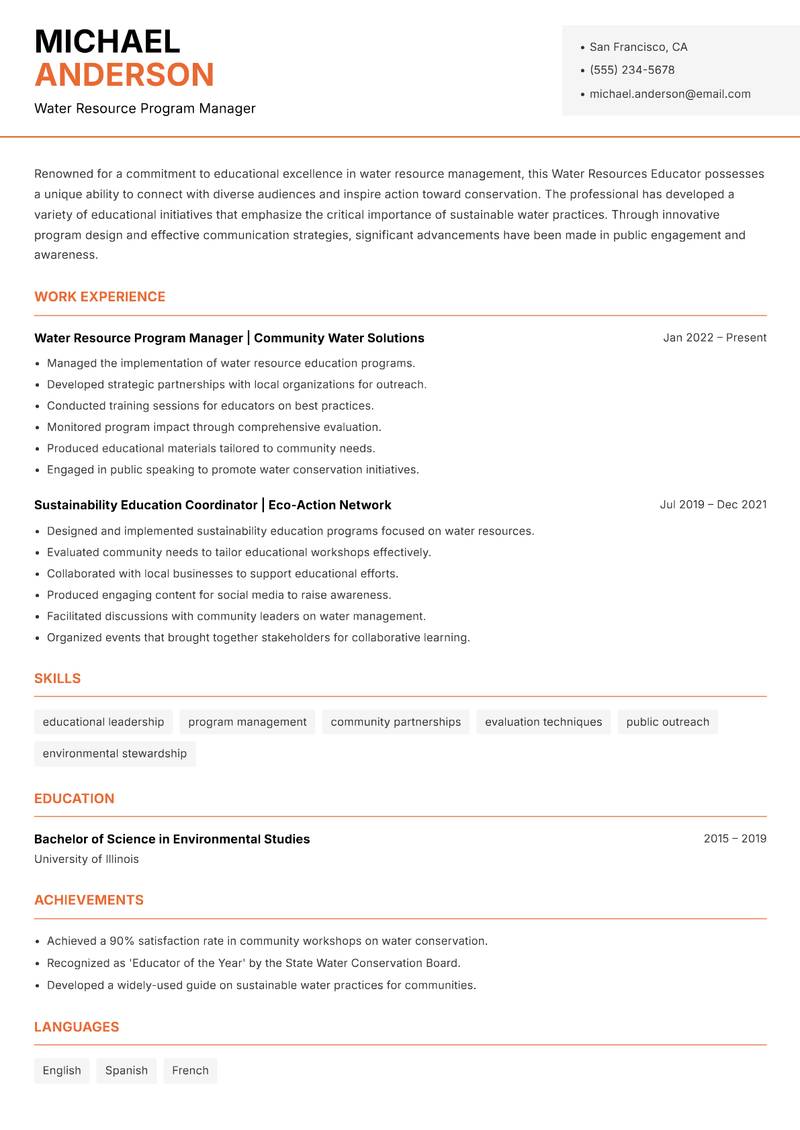Water Resources Educator resume template — Modern Professional