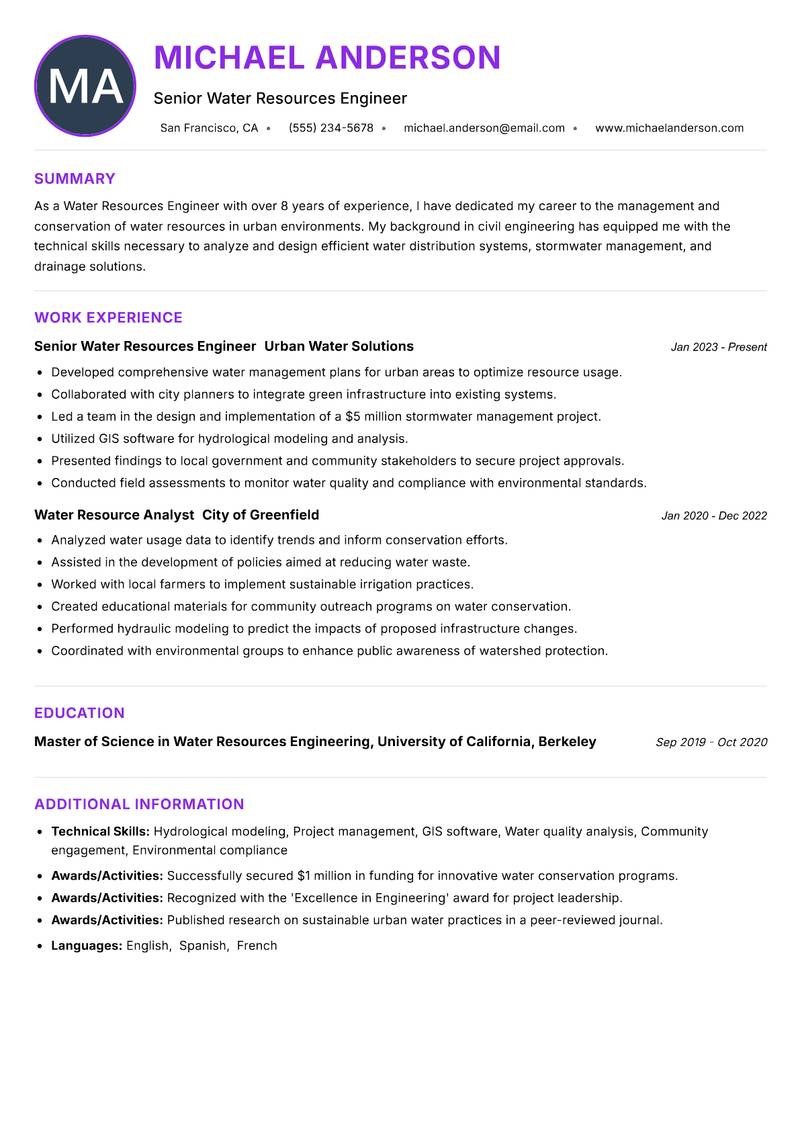 Water Resources Engineer resume example — ATS-friendly template