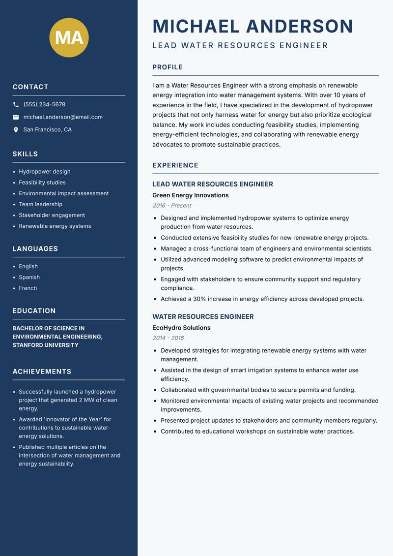 Water Resources Engineer resume template — Classic Clean