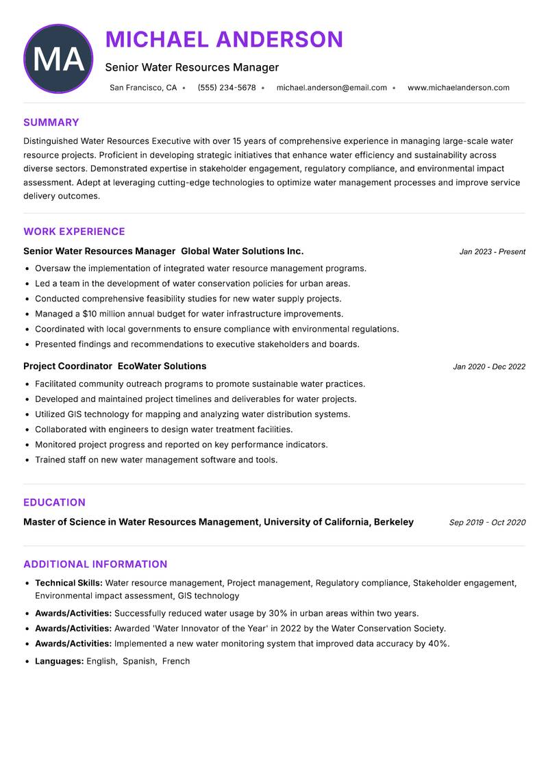 Water Resources Executive resume example — ATS-friendly template