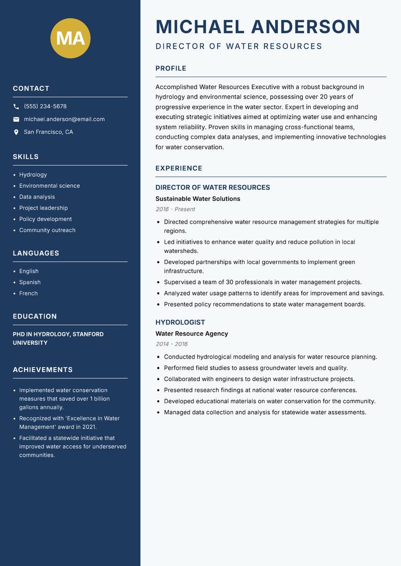Water Resources Executive resume template — Classic Clean