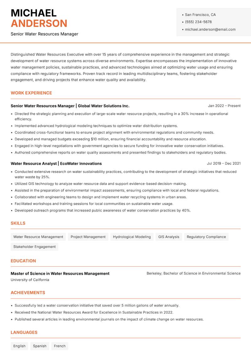 Water Resources Executive resume template — Modern Professional