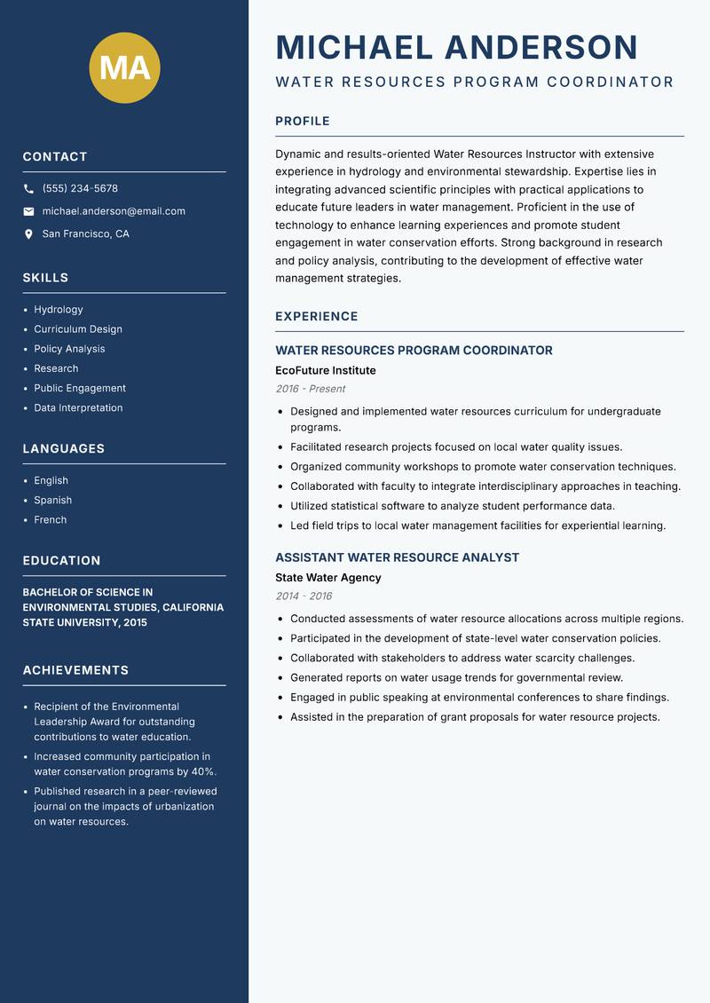 Water Resources Instructor resume template — Classic Clean
