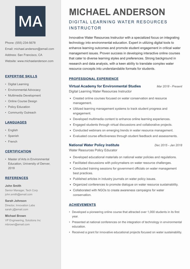 Water Resources Instructor resume template — Creative Minimal