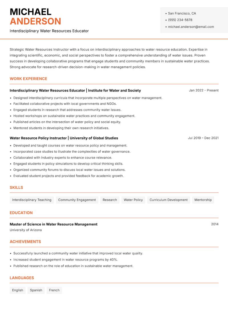 Water Resources Instructor resume template — Modern Professional