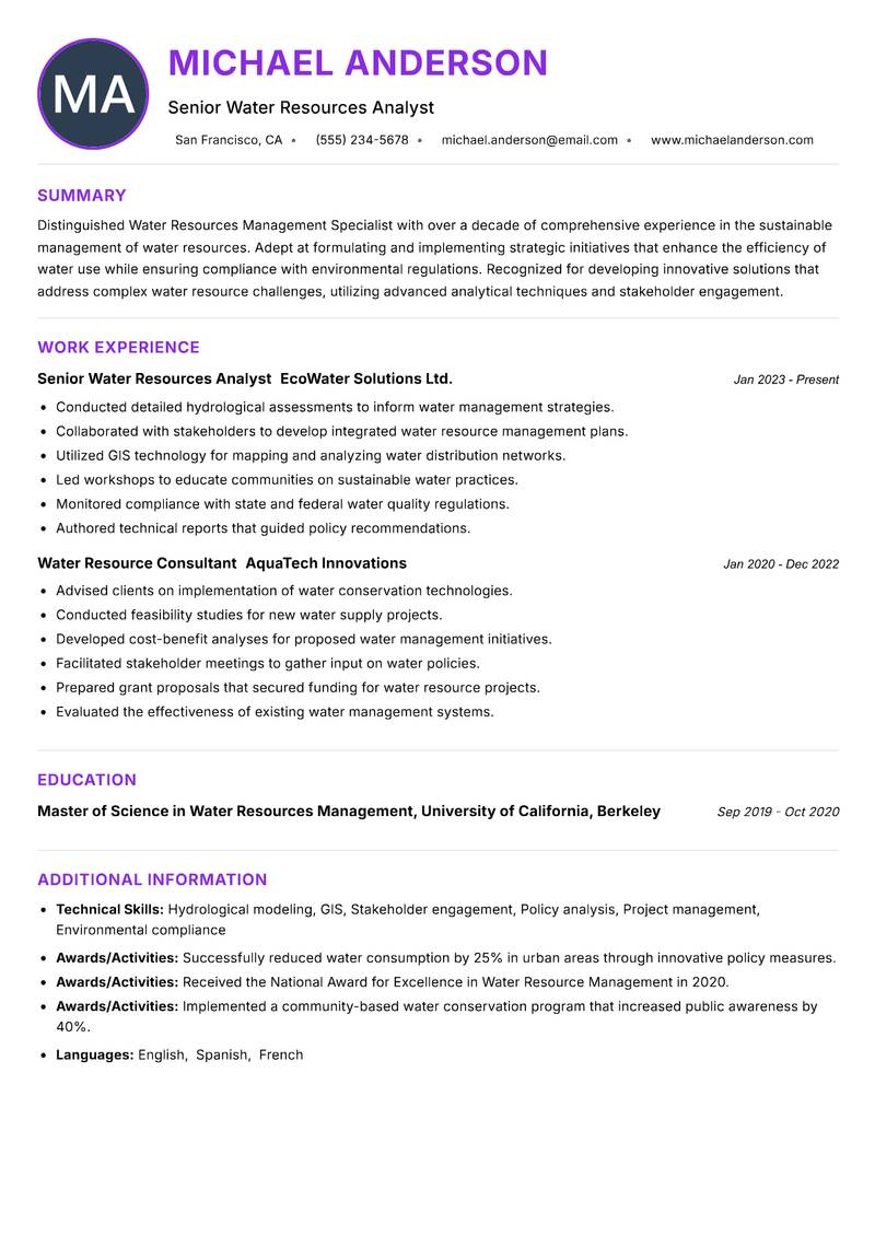 Water Resources Management Specialist resume example — ATS-friendly template