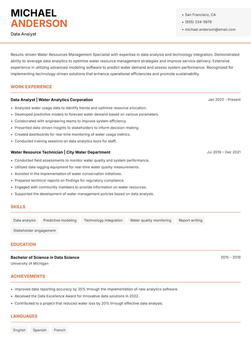 Water Resources Management Specialist resume template — Modern Professional